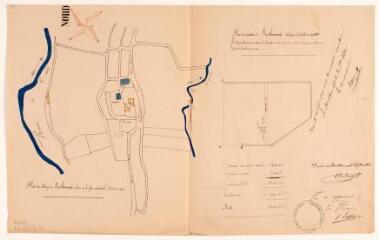 2 vues Plan du village de Montbernard, plan du cimetière. Ambrody, instituteur. 15 mai 1880. Ech. 1/2500 et 0,002 p.m.