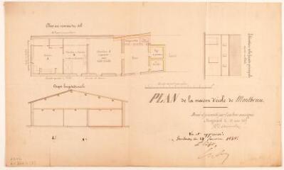 1 vue Plan de la maison d'école de Montbrun, plan au niveau du sol, coupe longitudinale, élévation de la façade principale. Diomard. 12 mars 1857. Ech. 0,01 p.m.
