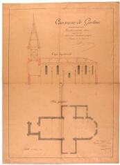1 vue [Commune de Montesquieu-Guittaut], parachèvement du clocher, coupe longitudinale, plan géométral. Terrade, architecte. 19 mars 1881. Ech. 0,01 p.m.