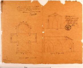 1 vue Plan d'une voûte à construire à une chapelle dans la commune de Montesquieu-Guittaut, plan, coupes. Dupuy. 15 mai 1863. Ech. 1/100.