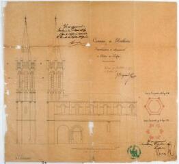 1 vue Commune de Montberon, reconstruction et exhaussement du clocher, coupes, élévations, plans. Joseph Raynaud, architecte. [1869]. Ech. 1/100.