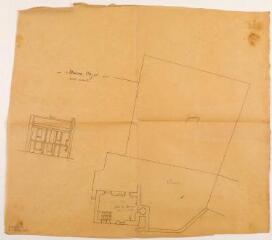 1 vue [Commune de Malvezie], maison Cazes, école actuelle, plan, coupe. [1883]. Ech. n.d.