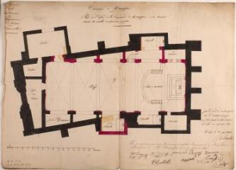 2 vues Commune de Marquefave, plan de l'église où se trouvent tracés les nouvelles constructions projetées. Rivet, architecte. 23 mai 1844. Ech. 1/100.
