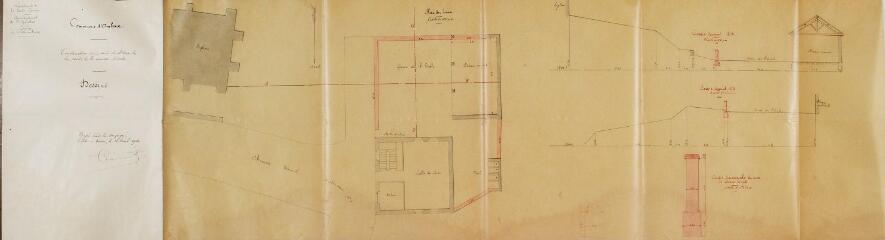 1 vue Commune d'Ambax, construction d'un mur de clôture de la cour de l'école, plans des lieux, coupes. [...]. 28 avril 1914. Ech. n.d.