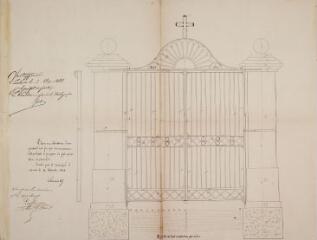 1 vue Plan en élévation d'un portail en fer que la commune d'Ambax se propose de faire pour clore le cimetière. Laurenties. 14 décembre 1864. Ech. 8 cm p.m.
