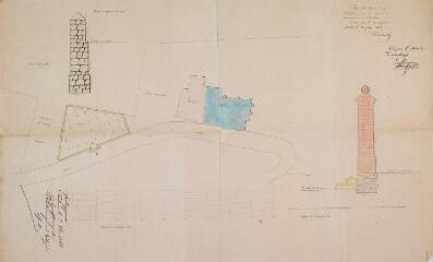 1 vue Plan des lieux et en élévation pour le cimetière de la commune d'Ambax. Laurenties. 20 juin 1865. Ech.0,003 et 0,04 p.m.