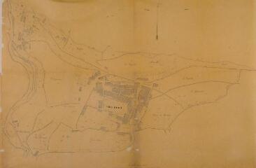 1 vue Ville d'Aspet, projet d'agrandissement du cimetière, plan d'assemblage de la ville. Aubiant. 28 février 1889. Ech. 1/1250.
