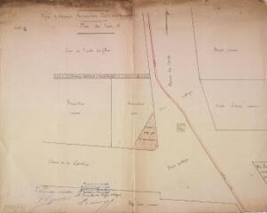 1 vue Mairie d'Aulon, projet d'échange Samouillan avec la commune, plan des lieux. Grave. 1900. Ech. 1/100.