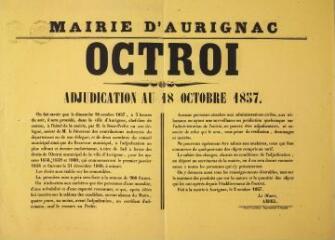 1 vue Mairie d'Aurignac. Octroi, adjudication au 18 octobre 1857. Saint-Gaudens : imp. d'Abadie.