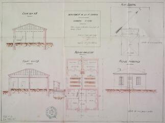 1 vue Commune d'Azas, plan, coupes et élévation d'un projet de maison d'école. Cazalbou, agent voyer. 1er juillet 1854. Ech. 0,005 et 0,01 p.m.