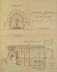 1 vue Commune d'Aspet, projet de restauration de l'église, coupes [longitudinale et transversale]. Lacassin, architecte. 31 juillet 1905.  Ech. 0,01 p.m.