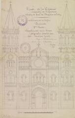 1 vue Achèvement de l'église paroissiale [de Bagnères-de-Luchon], 2ème partie, élévation des deux tours octogonales. Loupot, architecte. [1890-1891].  Ech. 0,01 p.m.