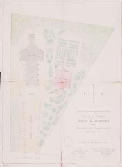1 vue Commune de Beaupuy, projet de presbytère, plan général de l'emplacement avec tenants. Gaubert, architecte. 20 juin 1888. Ech.0 ,005 pour 1 m.