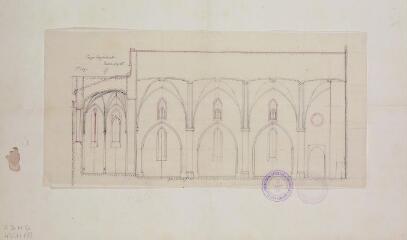 1 vue Boulogne-sur-Gesse, [église], coupe longitudinale. Brefeil, architecte. Novembre 1897.  Ech. 0,01 p.m.