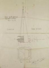 1 vue Clocher de Brignemont, construction de la flèche, élévation, coupe verticale, coupe. Dirat, ingénieur. [1889].  Ech. 0,025 p.m.