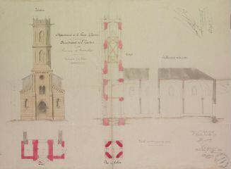 1 vue Commune de Cardeilhac, construction d'un clocher, plan, plan du clocher, élévation, établissement de la voûte. 27 mai 1876.  Ech. 0,01 p.m.