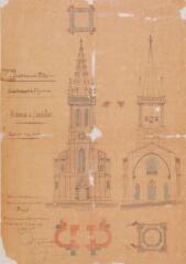 1 vue Eglise de Cardeilhac, construction d'un clocher [élévation, coupe transversale, plan]. Boué, architecte. 20 juillet 1891.  Ech. 0,01 p.m.