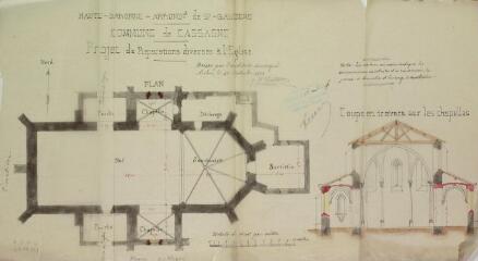 1 vue Commune de Cassagne, projet de réparations diverses à l'église, plan, coupe en travers sur les chapelles. Castex J.-A., architecte. 12 octobre 1893.  Ech. 1 cm. p.m.