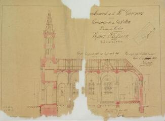 1 vue Commune de Castillon-de-Larboust, projet d'église, coupe longitudinale sur l'axe de la nef. Castex, architecte. 5 novembre 1868.  Ech. 0,01 p.m.