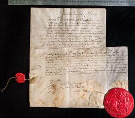 4 vues Arrêt du Conseil d'Etat reconnaissant comme commissaires apostoliques Jean Le Pul, Antoine Mousset et Jean-André Faure, chacun dans leur district, accompagné d'une lettre d'attache (2 pièces parchemin avec sceau royal et contre-sceau), 4 juin 1669.