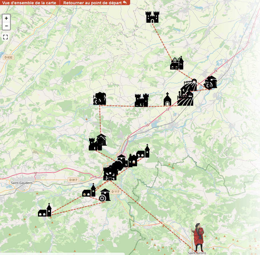 Carte représentant la totalité du parcours des visites du XVIIeme siècle
